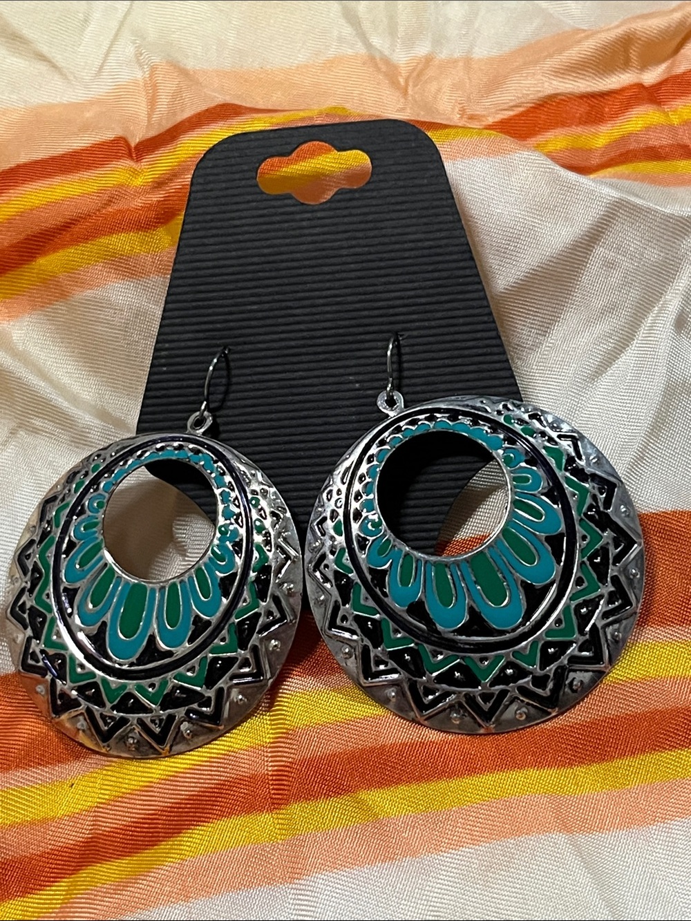 Turquoise Green Enamel Circular Filigree Drop Earrings - Unbranded